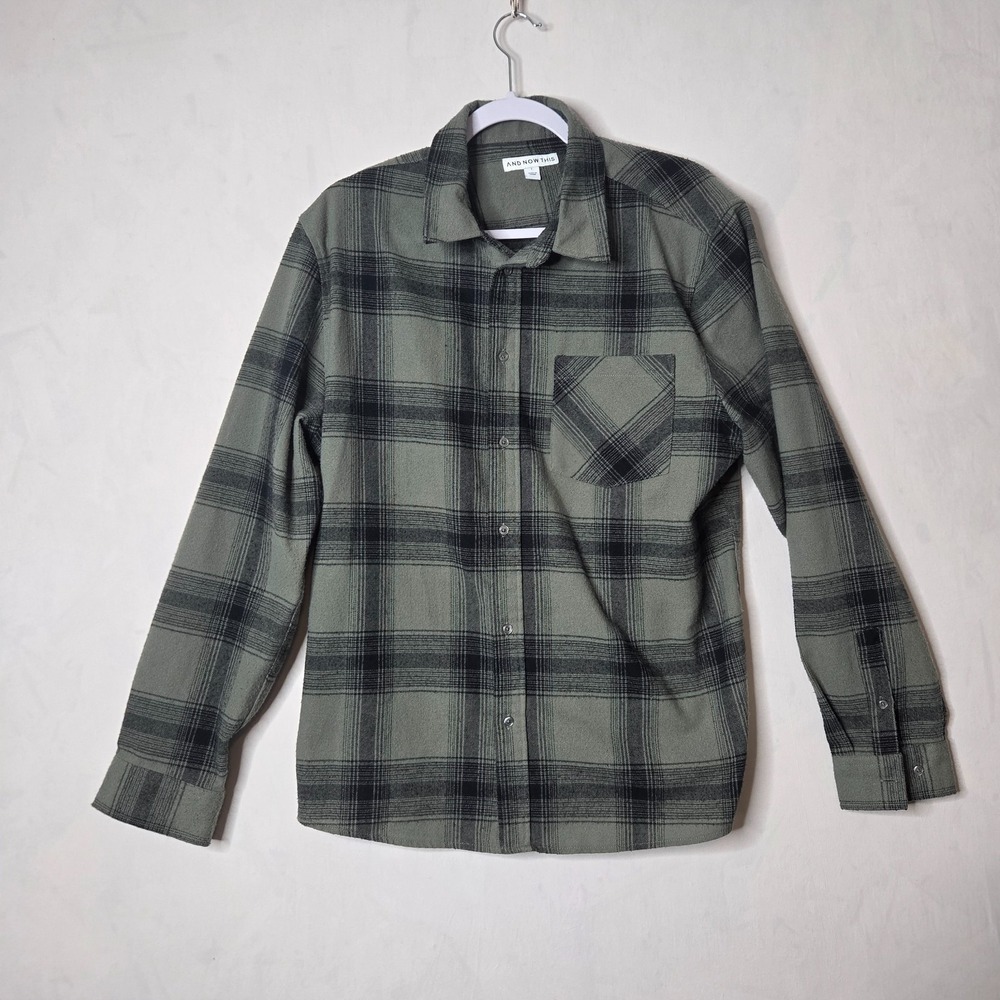 And Now This Flannel Shirt Mens Large Green Black Checkered Pleated Button Up